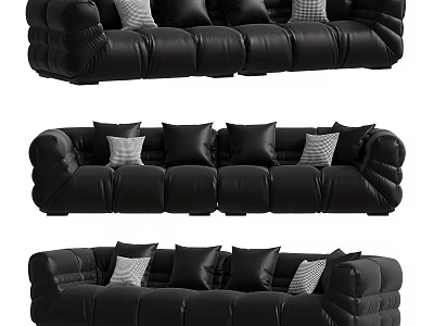 Black Sectional Sofa with Multiple Black Cushions and White Accent Pillows in Modern Leather Design 3d model