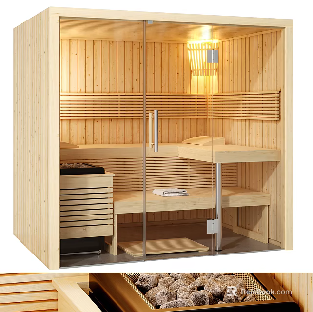 Modern Shower Sauna Interior With Wooden Panels Glass Door Benches And Warm Lighting 3d model 