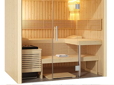 Modern Shower Sauna Interior With Wooden Panels Glass Door Benches And Warm Lighting 3d model