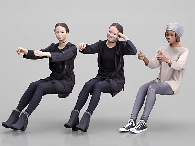 Three women sitting with various hand gestures in different casual outfits against gray background 3d model