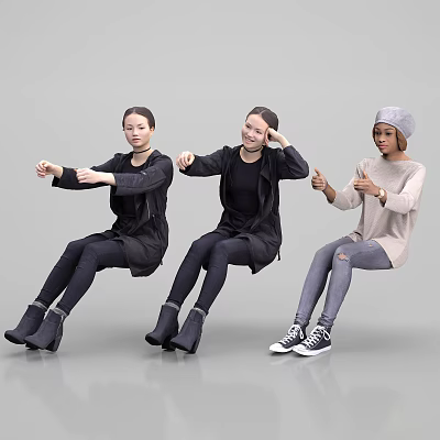 Three women sitting with various hand gestures in different casual outfits against gray background 3d model