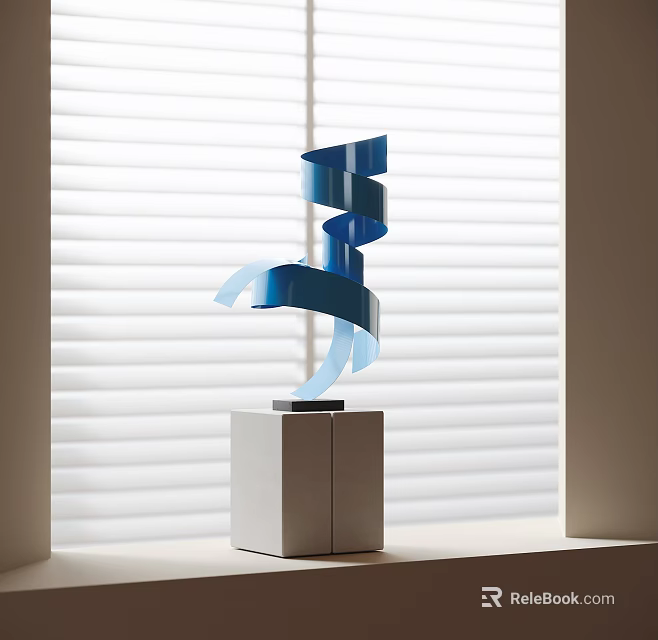 Blue Spiral Metal Sculpture With Gray Square Base Against White Window Blinds Indoor 3d model 