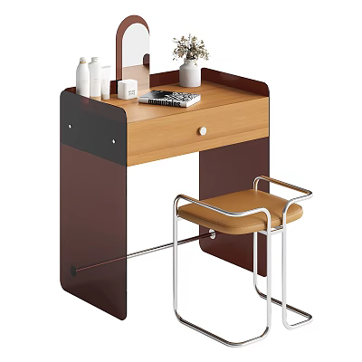 Modern Dressing Table with Skincare Bottles Potted Plant Wooden Top Dark Frame and Matching Stool 3d model