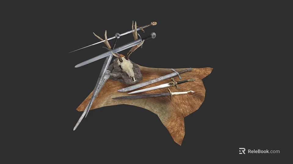 Decorative Medieval Swords Display With Deer Skull Antlers And Leather Base 3d model 