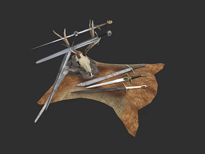 Decorative Medieval Swords Display With Deer Skull Antlers And Leather Base 3d model