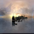 Ancient Buildings Along Waterfront With Boats On Water Sunset Sky And Distant Hills Trees