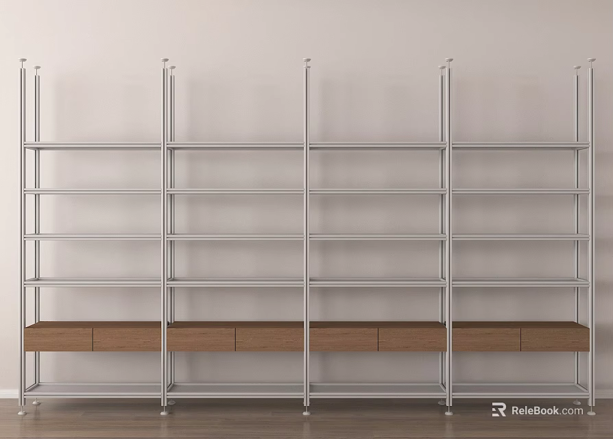 Modern Metal Frame Storage Shelves With Wooden Drawers Multiple Layers And White Wall Background 3d model 