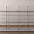 Modern Metal Frame Storage Shelves With Wooden Drawers Multiple Layers And White Wall Background