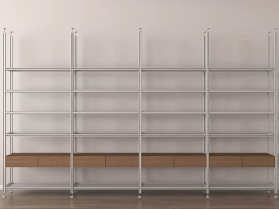Modern Metal Frame Storage Shelves With Wooden Drawers Multiple Layers And White Wall Background 3d model