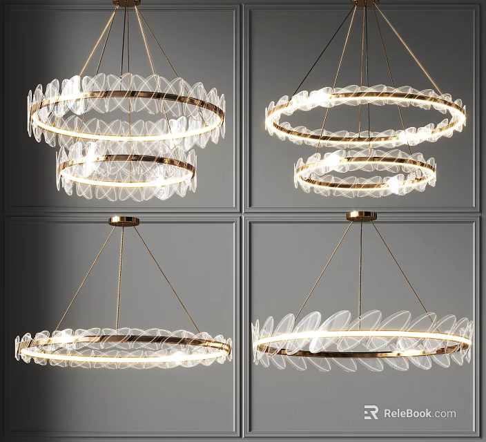 Elegant Modern Layered Chandeliers With Transparent Circular Rings And Metal Frame 3d model 