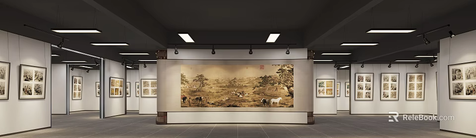 Ancient Landscape Painting With Animals Displayed In Modern Gallery With Lights 3d model 
