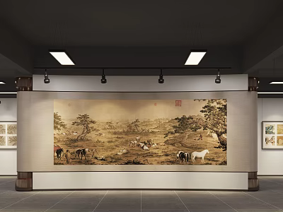 Ancient Landscape Painting With Animals Displayed In Modern Gallery With Lights 3d model