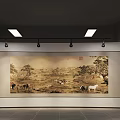 Ancient Landscape Painting With Animals Displayed In Modern Gallery With Lights