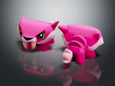 Pink Cartoon Feline Creature With Sharp Fangs Green Eyes Front Side Views And Reflective Background 3d model