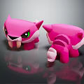 Pink Cartoon Feline Creature With Sharp Fangs Green Eyes Front Side Views And Reflective Background