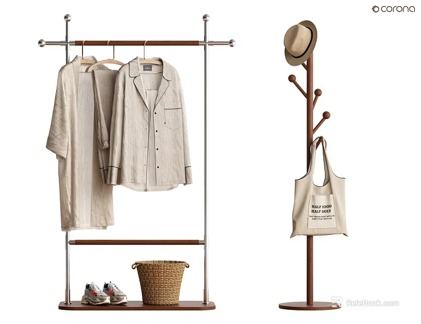 Practical Floor Standing Clothes Rack with Hanging Clothes Basket Shoes Hat and Hooks 3d model 