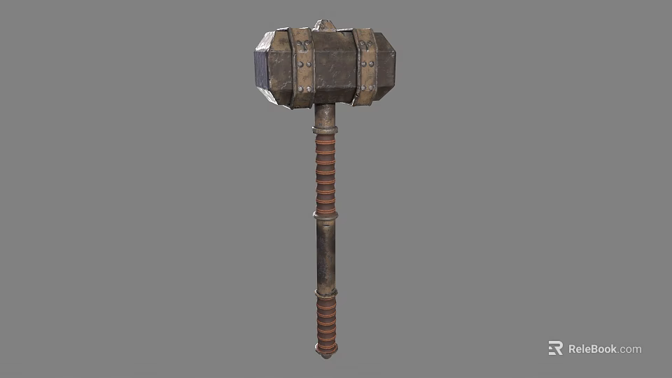 Medieval Metal Hammer Weapon With Square Head And Spiral Wooden Handle Design 3d model 