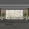 Modern Hotel Public Lounge Area With Beige Sofas Coffee Tables Patterned Wall And Green Plants