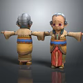 Cartoon Elderly Woman Character With Colorful Traditional Costume Gray Hair Front Back Views