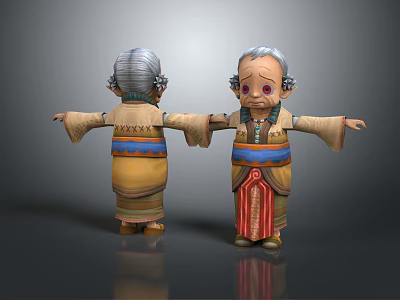 Cartoon Elderly Woman Character With Colorful Traditional Costume Gray Hair Front Back Views 3d model