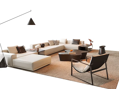 Modern Beige L Shaped Sofa Coffee Table Set With Accent Pillows Armchair And Fruit Decor 3d model