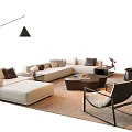 Modern Beige L Shaped Sofa Coffee Table Set With Accent Pillows Armchair And Fruit Decor