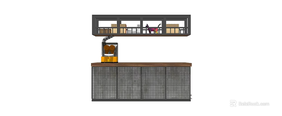 Modern Bar Counter With Wooden Top Grid Design And Overhead Shelf Holding Items 3d model 