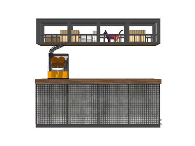Modern Bar Counter With Wooden Top Grid Design And Overhead Shelf Holding Items 3d model