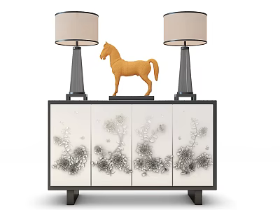 Modern Entryway Sideboard Cabinet With White Doors Black Frame And Horse Figurine Lamps 3d model