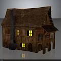 Traditional Wooden House With Thatched Roof Chimney Balcony Lit Windows And Arched Porch