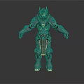 Futuristic Armored Warrior Character With Metallic Armor Gold Accents And Blue Luminous Details