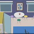 Purple Walled Indoor Space With Triangular Painting White Round Table Colorful Chairs And Blue Rug