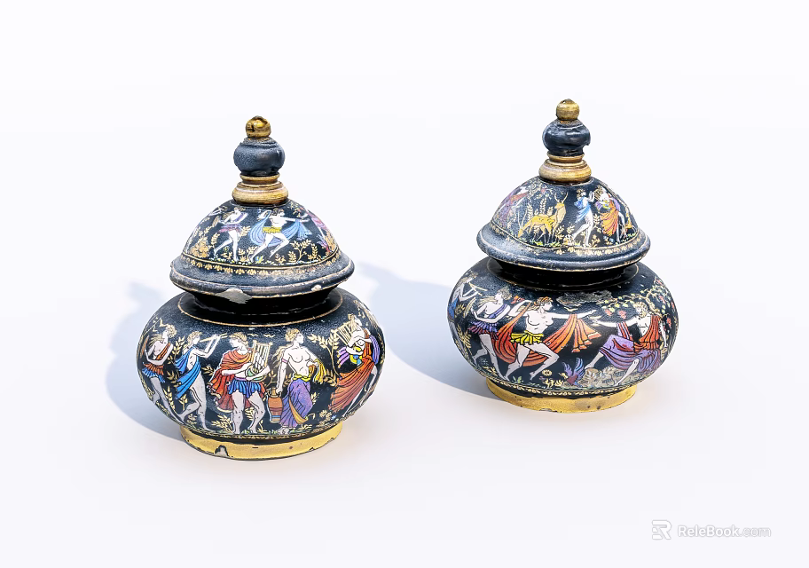 Vintage Ceramic Jars With Colorful Figurine Patterns Gold Accents And Lid Design 3d model 