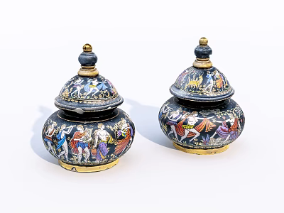 Vintage Ceramic Jars With Colorful Figurine Patterns Gold Accents And Lid Design 3d model