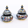 Vintage Ceramic Jars With Colorful Figurine Patterns Gold Accents And Lid Design
