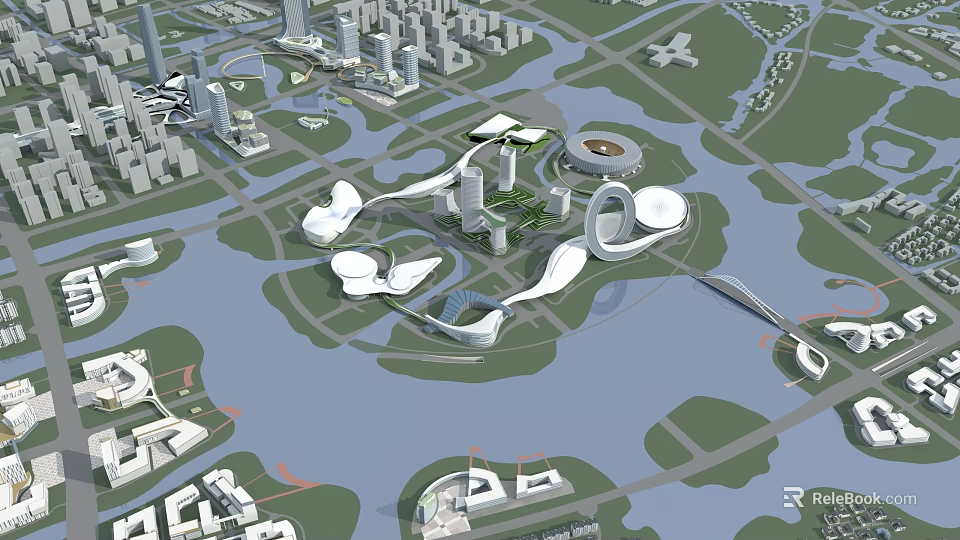 Modern Urban Aerial Planning With Waterfront Areas Green Spaces And Bridges 3d model 