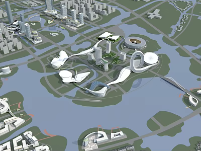 Modern Urban Aerial Planning With Waterfront Areas Green Spaces And Bridges 3d model