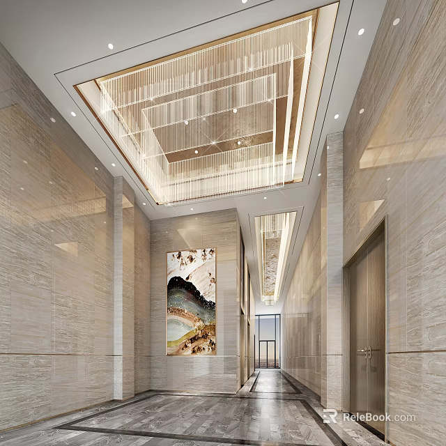 Luxurious Modern Elevator Lobby With Marble Walls And Decorative Painting 3d model 