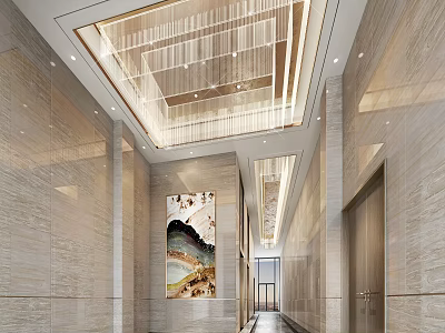 Luxurious Modern Elevator Lobby With Marble Walls And Decorative Painting 3d model