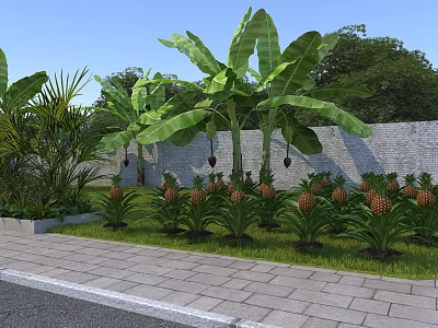 Rural Landscape With Banana Trees Pineapple Plants Brick Wall Grass And Paved Path 3d model