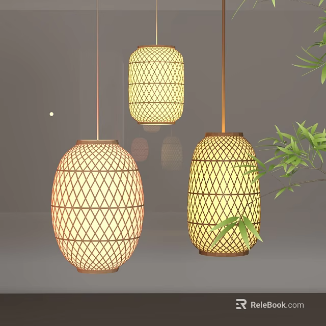 Round Bamboo Woven Lanterns With Grid Pattern Warm Light And Green Bamboo Leaves 3d model