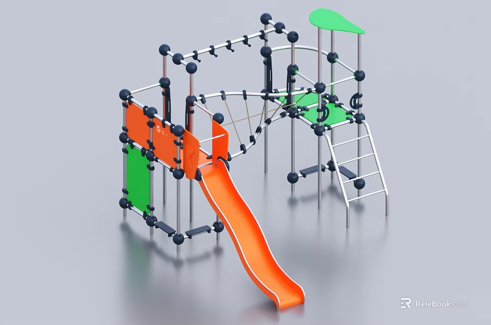Outdoor Playground Equipment With Orange Slide Green Climbing Platforms Ball Connector Structures And Ladder 3d model 