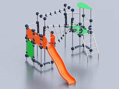 Outdoor Playground Equipment With Orange Slide Green Climbing Platforms Ball Connector Structures And Ladder 3d model
