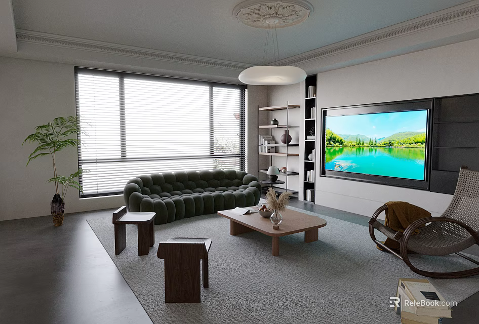 Modern Living Room Interior With Green Tufted Sofa Wooden Coffee Table And Large Windows 3d model 
