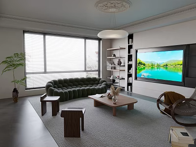 Modern Living Room Interior With Green Tufted Sofa Wooden Coffee Table And Large Windows 3d model