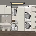 Modern Laundry Room Interior With Built In Stacked Washing Machines Hanging Clothes And Storage