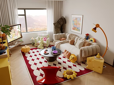 Bright Playful Living Dining Room Interior Design With Cozy Soft Sofas And Cute Interesting Decorations 3d model