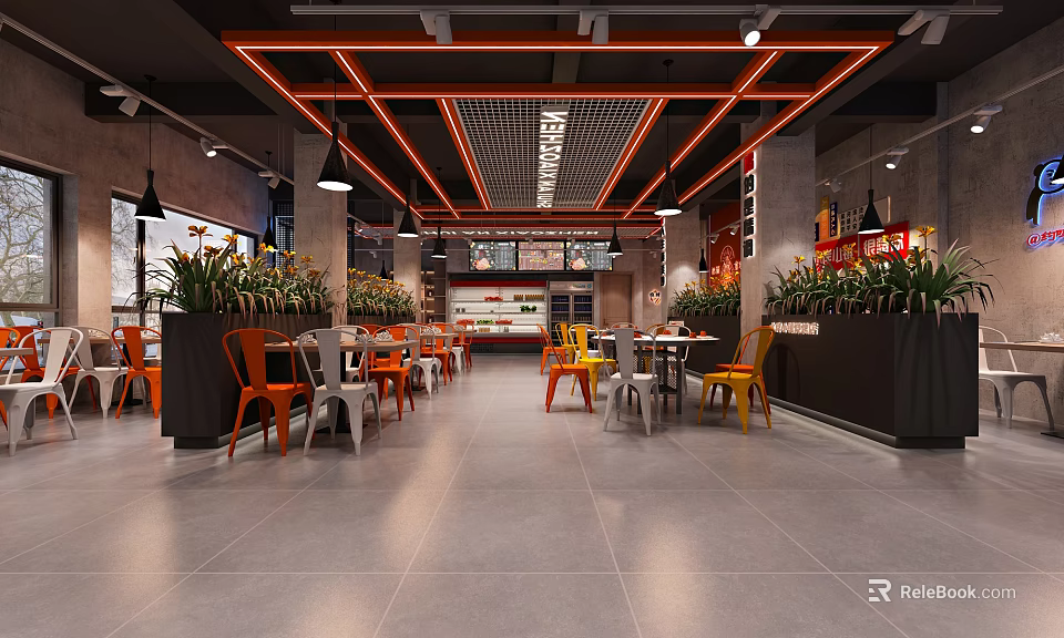Modern Hotpot Restaurant Interior With Colorful Chairs Green Plants And Red Ceiling Lights 3d model 