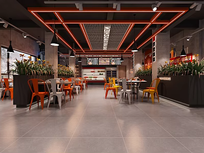 Modern Hotpot Restaurant Interior With Colorful Chairs Green Plants And Red Ceiling Lights 3d model