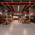 Modern Hotpot Restaurant Interior With Colorful Chairs Green Plants And Red Ceiling Lights